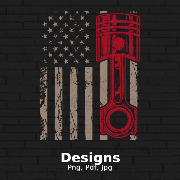 USA Flag Piston Digital Png File, Instant Download, American Flag Piston Muscle Car T-Shirt design, Mechanic Shirt Png, Patriotic Mechanics