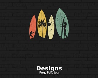 Vintage Surf Boards Digital Png File Instant Download, Surfing T-Shirt Design, Summer Png, Beach Png, Surfer Sublimation PNG, Tropical Png