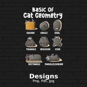 Puede incluir: Una ilustración humorística de gatos en diferentes formas geométricas, incluyendo un cuadrado, un círculo, un óvalo, un triángulo, un hexágono, una estrella, un rectángulo y un paralelogramo. El texto "Basic of Cat Geometry" está en la parte superior de la imagen, y el texto "Designs Png, Pdf, Jpg" está en la parte inferior.
