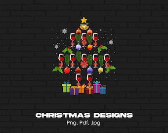 Wine Glasses Christmas Tree Digital Png File, Instant Download, Funny Christmas T-shirt Design, Xmas Tree Png, Wine Drinking Shirt Png