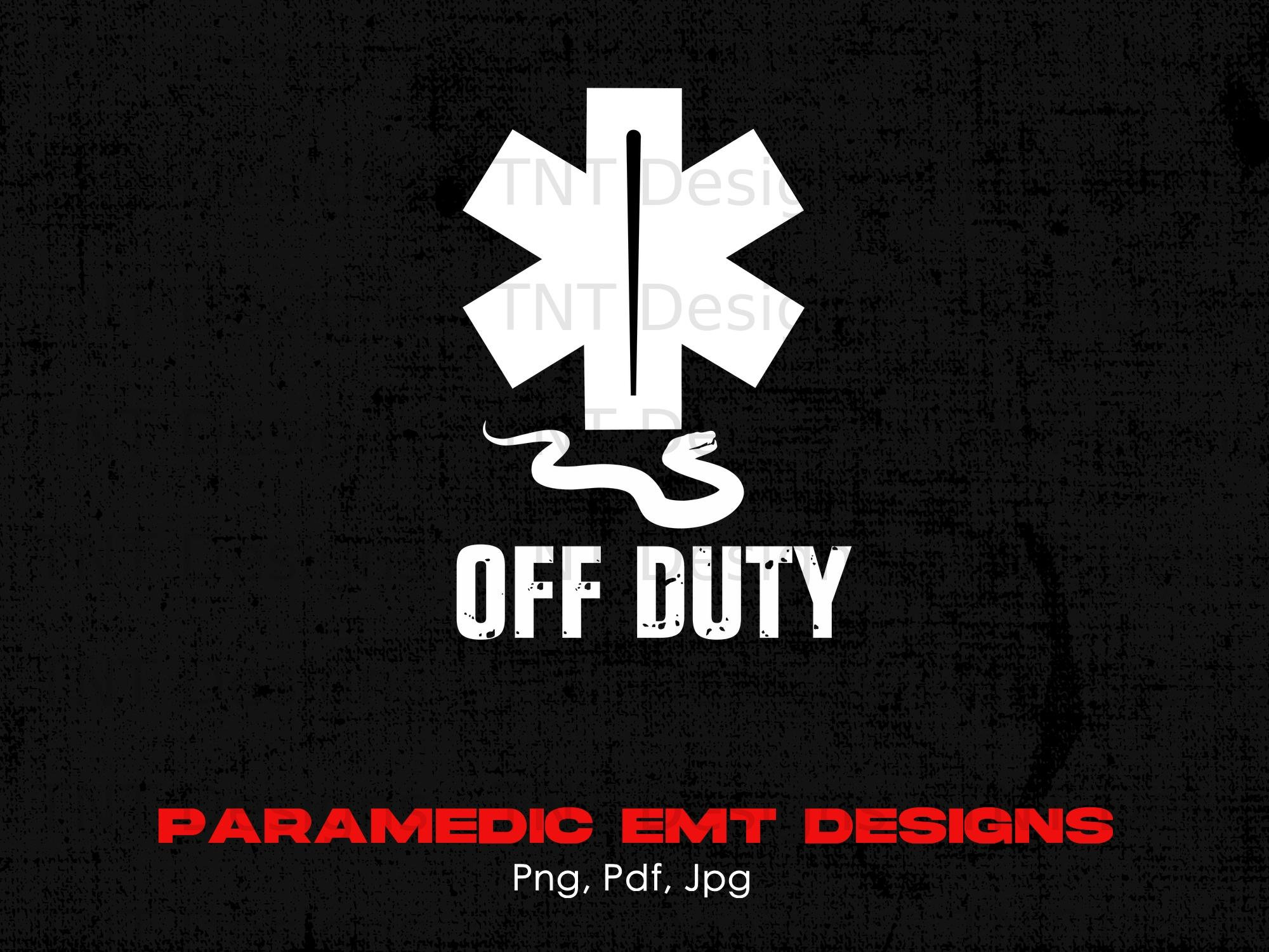 May include: White star of life medical symbol with a snake wrapped around it. The text "OFF DUTY" is below the symbol. The text "PARAMEDIC EMT DESIGNS" is below the symbol in red. The text "Png, Pdf, Jpg" is below the text in red.