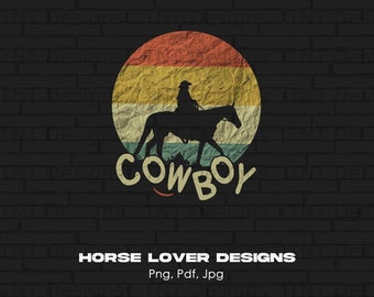 Vintage Cowboy Riding Horse Digital Png File, Instant Download, Sunset Horse T-shirt Design, Horse Shirt Png, Horse Lover Gift, Horse Png