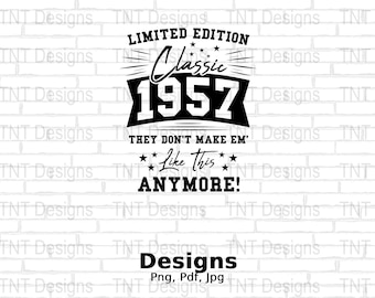 Limited Edition Classic 1957 Digitaal Png-bestand, Instant Download, Grappige Verjaardag T-shirt Design, Verjaardag Shirt Png, Mok Png, Geboren in 1957