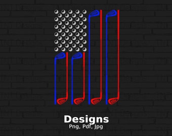 Op de afbeelding: Een Amerikaans vlagontwerp met golfclubs en golfballen. De vlag is rood, wit en blauw. De golfclubs zijn rood en blauw. De golfballen zijn wit.