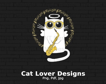 Musical Cat Playing Saxophone Digital Png File Instant Download, Cat Lover T-shirt Design, Cat Mom Png, Cat Owner Png, Musical Cat Shirt Png