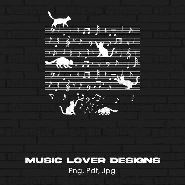 Cats Playing With Music Notes Digital File Instant Download, Funny Musical Cats PNG Shirt Design, Cat Playing Clef Notes, Piano Music Lover