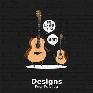 May include: A cartoon illustration of two acoustic guitars on a black brick background. The larger guitar says "UKE, I AM YOUR FATHER" and the smaller guitar says "NOOOO!"