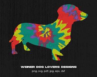 May include: A colorful tie-dye dachshund silhouette with a black background. The silhouette is in shades of red, yellow, green, purple, and blue.