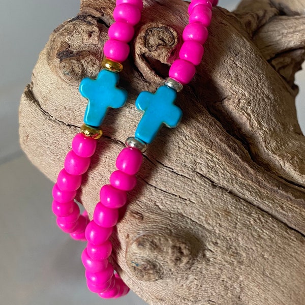 Turquoise Cross Beaded Stretch Bracelet, Hot Pink, Gold and Silver, Bracelet Stack, Gifts for Her, Faith, Cross