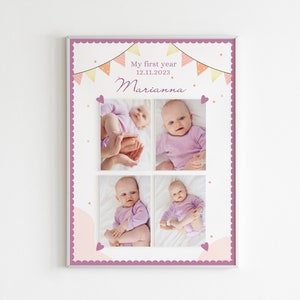 Modelo de colagem de fotos do primeiro ano do bebê para Canva, modelo de colagem de feliz aniversário, modelo de colagem personalizado para bebê, colagem de primeiro aniversário
