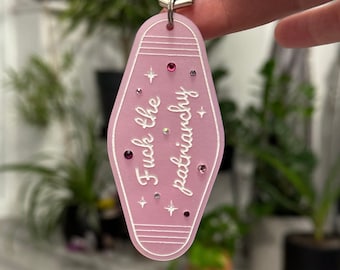 Fuck the patriarchy motel keychain/keyring. Christmas eras gift/stocking filler