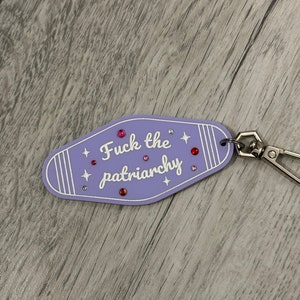 Fuck the patriarchy motel keychain/keyring. Christmas eras gift/stocking filler image 4