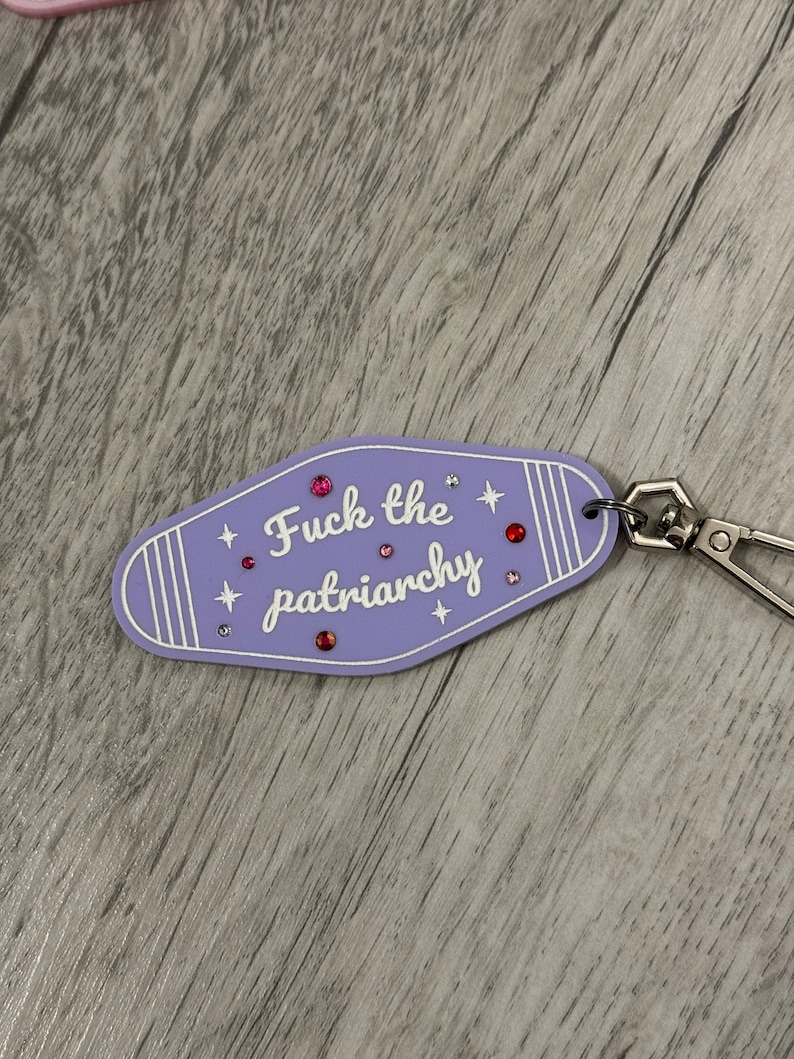 Fuck the patriarchy motel keychain/keyring. Christmas eras gift/stocking filler image 4