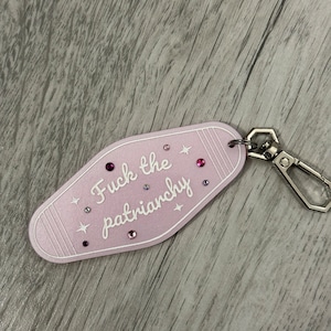 Fuck the patriarchy motel keychain/keyring. Christmas eras gift/stocking filler image 3