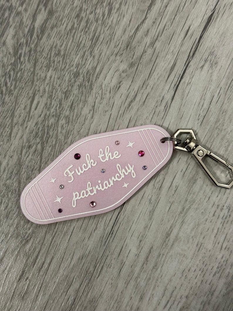 Fuck the patriarchy motel keychain/keyring. Christmas eras gift/stocking filler image 3