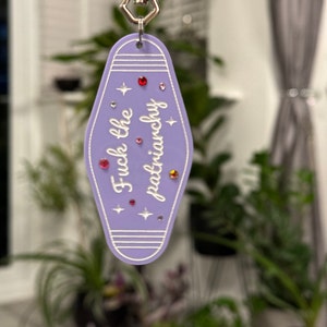 Fuck the patriarchy motel keychain/keyring. Christmas eras gift/stocking filler image 2