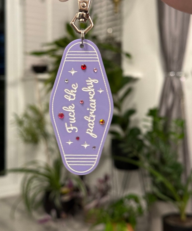 Fuck the patriarchy motel keychain/keyring. Christmas eras gift/stocking filler image 2