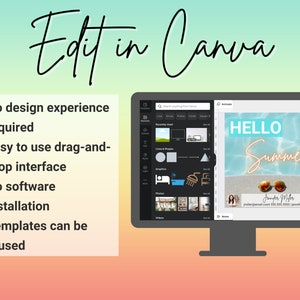 K&ouml;nnte beinhalten: Ein Computerbildschirm zeigt die Canva-Website mit einer Designvorlage f&uuml;r einen Sommer-Social-Media-Beitrag. Der Text "HELLO Summer" ist in einer neongelben Schriftart dargestellt. Das Design beinhaltet ein Foto einer Frau mit Sonnenbrille und einem blauen Pool-Hintergrund.