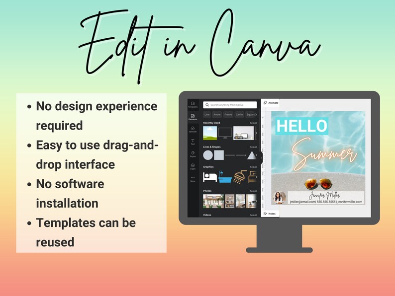K&ouml;nnte beinhalten: Ein Computerbildschirm zeigt die Canva-Website mit einer Designvorlage f&uuml;r einen Sommer-Social-Media-Beitrag. Der Text "HELLO Summer" ist in einer neongelben Schriftart dargestellt. Das Design beinhaltet ein Foto einer Frau mit Sonnenbrille und einem blauen Pool-Hintergrund.