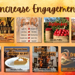 May include: A collage of nine images promoting real estate services with a fall theme. The images feature autumn leaves, pumpkins, apples, and a pie. The text includes "Hello Autumn", "This or That", "Hello September", "Looking to Fall in love with a new home", "I make selling your home as easy as pie", "Hello October", and "Let's Carve out time to discuss your real estate needs!"
