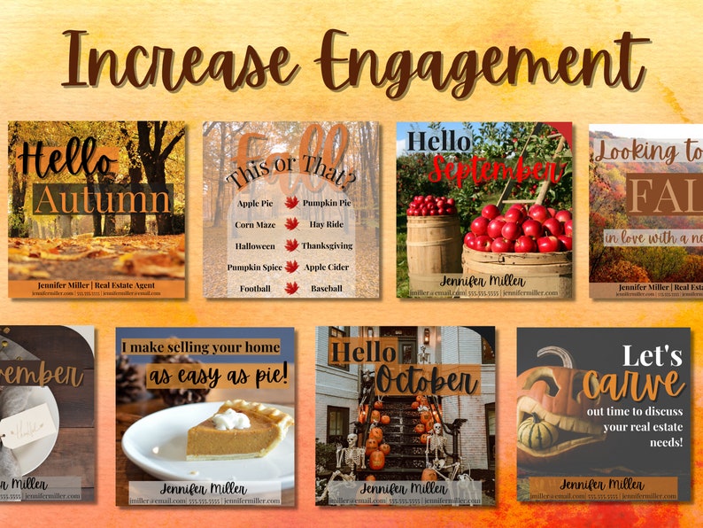 May include: A collage of nine images promoting real estate services with a fall theme. The images feature autumn leaves, pumpkins, apples, and a pie. The text includes "Hello Autumn", "This or That", "Hello September", "Looking to Fall in love with a new home", "I make selling your home as easy as pie", "Hello October", and "Let's Carve out time to discuss your real estate needs!"