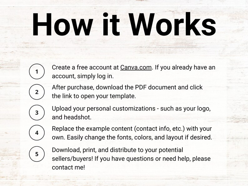 May include: A five-step guide on how to use a template. The steps are numbered 1 through 5 and are listed in a white circle with a black outline. The text is black on a white background with a wood grain texture.