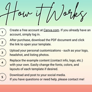 K&ouml;nnte beinhalten: Eine f&uuml;nfstufige Anleitung zur Verwendung von Canva.com zum Erstellen einer Vorlage. Die Schritte sind von 1 bis 5 nummeriert und beinhalten Anweisungen zum Erstellen eines kostenlosen Kontos, Herunterladen eines PDF-Dokuments, Hochladen von Anpassungen, Ersetzen von Beispielinhalten und Herunterladen und Ver&ouml;ffentlichen in sozialen Medien.