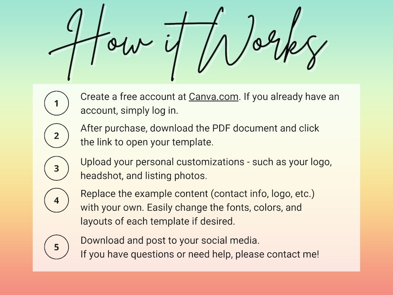 K&ouml;nnte beinhalten: Eine f&uuml;nfstufige Anleitung zur Verwendung von Canva.com zum Erstellen einer Vorlage. Die Schritte sind von 1 bis 5 nummeriert und beinhalten Anweisungen zum Erstellen eines kostenlosen Kontos, Herunterladen eines PDF-Dokuments, Hochladen von Anpassungen, Ersetzen von Beispielinhalten und Herunterladen und Ver&ouml;ffentlichen in sozialen Medien.