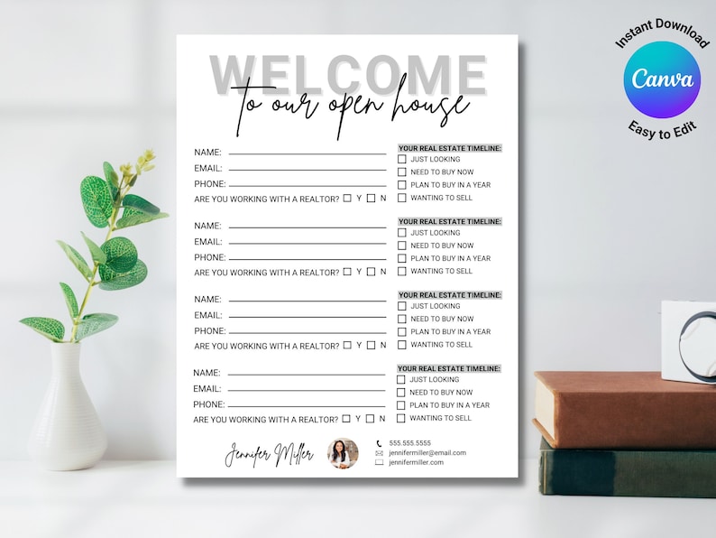May include: A white and gray open house sign-in sheet with the words "WELCOME to our open house" at the top. The sheet includes fields for name, email, phone, and real estate timeline. The Canva logo is in the upper right corner.