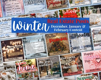 May include: A collage of colourful images with text about real estate tips for the winter months, including December, January, and February. The images include a winter scene, a Christmas tree, a fireplace, a house, and a hot cocoa mug. The text includes phrases like "Happy New Year!" and "Tips on Winter".