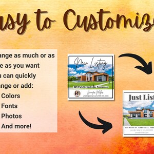 May include: A customizable real estate social media post template with two different designs. The first design is a "New Listing" template with a photo of a house and the text "New Listing" at the top. The second design is a "Just Listed" template with a photo of a house and the text "Just Listed" at the top. Both templates include the address, agent name, and contact information.