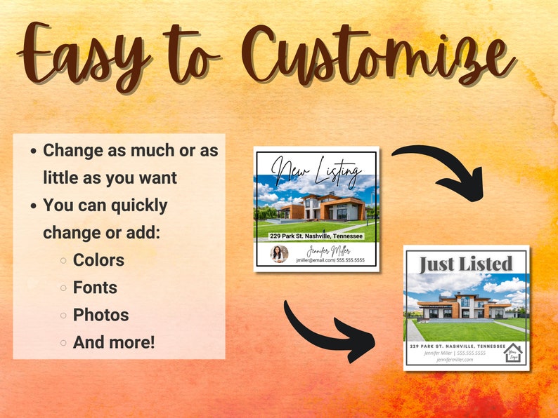 May include: A customizable real estate social media post template with two different designs. The first design is a "New Listing" template with a photo of a house and the text "New Listing" at the top. The second design is a "Just Listed" template with a photo of a house and the text "Just Listed" at the top. Both templates include the address, agent name, and contact information.