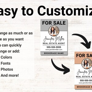 May include: Two customisable real estate sign templates featuring a photo of a woman in a professional setting. The text on the signs reads "FOR SALE" and includes the name "Jennifer Miller", "REAL ESTATE AGENT", a phone number, website address, and "BROKERAGE NAME".