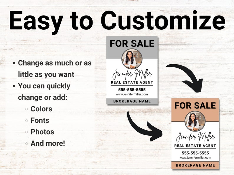 May include: Two customisable real estate sign templates featuring a photo of a woman in a professional setting. The text on the signs reads "FOR SALE" and includes the name "Jennifer Miller", "REAL ESTATE AGENT", a phone number, website address, and "BROKERAGE NAME".