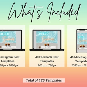 K&ouml;nnte beinhalten: Eine Grafik, die drei verschiedene Gr&ouml;&szlig;en von Social-Media-Vorlagen zeigt. Die erste ist ein Laptop-Bildschirm, der eine sommerliche Instagram-Post-Vorlage zeigt. Die zweite ist ein Laptop-Bildschirm, der eine sommerliche Facebook-Post-Vorlage zeigt. Die dritte ist ein Smartphone-Bildschirm, der eine sommerliche Instagram-Story-Vorlage zeigt. Der Text unter jedem Bild lautet "40 Instagram-Post-Vorlagen 1080 px x 1080 px", "40 Facebook-Post-Vorlagen 940 px x 788 px" und "40 passende Story-Vorlagen 1080 px x 1920 px". Der Text unten lautet "Gesamt 120 Vorlagen".