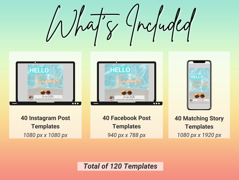 K&ouml;nnte beinhalten: Eine Grafik, die drei verschiedene Gr&ouml;&szlig;en von Social-Media-Vorlagen zeigt. Die erste ist ein Laptop-Bildschirm, der eine sommerliche Instagram-Post-Vorlage zeigt. Die zweite ist ein Laptop-Bildschirm, der eine sommerliche Facebook-Post-Vorlage zeigt. Die dritte ist ein Smartphone-Bildschirm, der eine sommerliche Instagram-Story-Vorlage zeigt. Der Text unter jedem Bild lautet "40 Instagram-Post-Vorlagen 1080 px x 1080 px", "40 Facebook-Post-Vorlagen 940 px x 788 px" und "40 passende Story-Vorlagen 1080 px x 1920 px". Der Text unten lautet "Gesamt 120 Vorlagen".