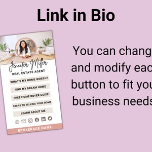 Puede incluir: Un gr&aacute;fico rosa y blanco con el texto "Link in Bio" y una foto de una mujer. El gr&aacute;fico incluye el texto "Jennifer Miller Real Estate Agent" y varios botones con texto como "What's My Home Worth?" y "Find My Dream Home".