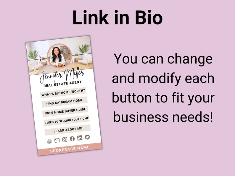 Puede incluir: Un gr&aacute;fico rosa y blanco con el texto "Link in Bio" y una foto de una mujer. El gr&aacute;fico incluye el texto "Jennifer Miller Real Estate Agent" y varios botones con texto como "What's My Home Worth?" y "Find My Dream Home".