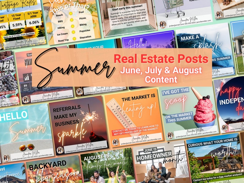 K&ouml;nnte beinhalten: Eine Collage aus bunten Bildern mit Text &uuml;ber Immobilien und Sommeraktivit&auml;ten. Der Text enth&auml;lt "Real Estate Posts", "June, July & August Content", "The Market is Heating Up!" und "I've Got the Scoop on the Market This Summer".