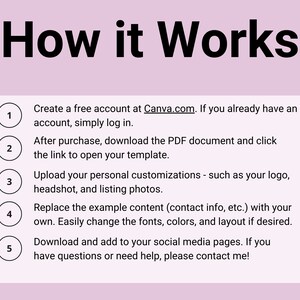 Puede incluir: Una lista numerada con cinco pasos sobre c&oacute;mo usar una plantilla. Los pasos incluyen crear una cuenta gratuita, descargar un documento PDF, cargar personalizaciones, reemplazar el contenido de ejemplo y descargar la plantilla.