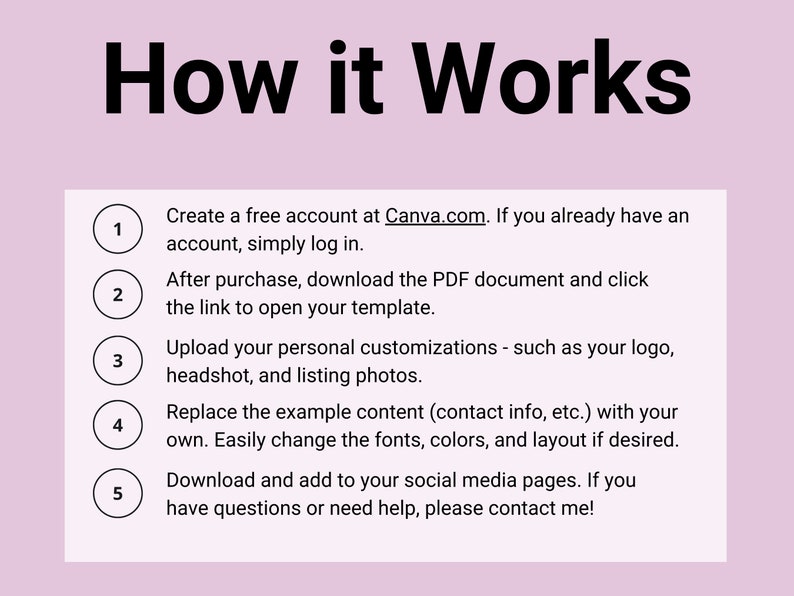Puede incluir: Una lista numerada con cinco pasos sobre c&oacute;mo usar una plantilla. Los pasos incluyen crear una cuenta gratuita, descargar un documento PDF, cargar personalizaciones, reemplazar el contenido de ejemplo y descargar la plantilla.