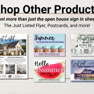 May include: Promotional materials for real estate, including flyers and postcards. The image features a variety of designs, including a "Just Listed" flyer with a modern house, a "Summer" themed postcard, and a "Market Update" graphic.