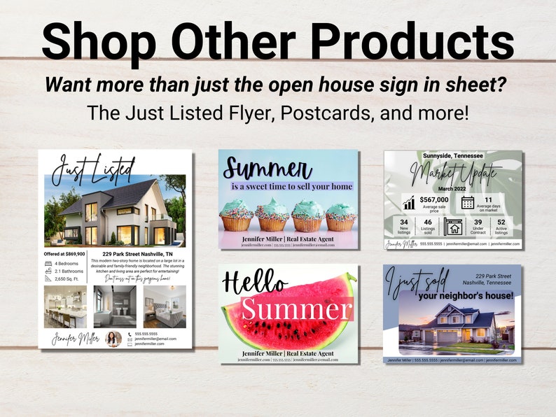 May include: Promotional materials for real estate, including flyers and postcards. The image features a variety of designs, including a "Just Listed" flyer with a modern house, a "Summer" themed postcard, and a "Market Update" graphic.
