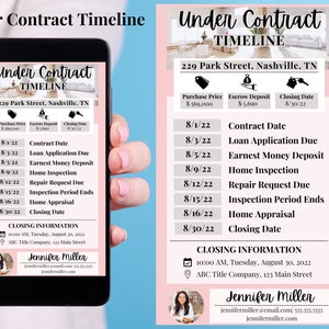 May include: A pink and white mobile phone screen displays a timeline for a house purchase at 229 Park Street, Nashville, TN. The timeline includes dates for contract signing, loan application due, earnest money deposit, home inspection, repair request due, inspection period ends, home appraisal, and closing date. The closing information includes the date, time, and location of the closing.