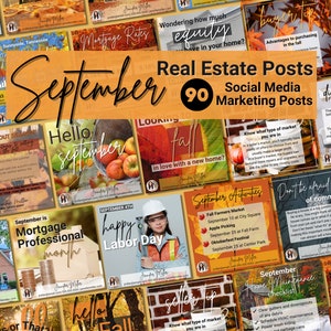 May include: A collage of 90 social media marketing posts for real estate agents. The posts feature fall-themed imagery, such as apples, leaves, and pumpkins, and include tips for buying and selling homes in the fall. The posts are designed to be shared on social media platforms like Instagram and Facebook.