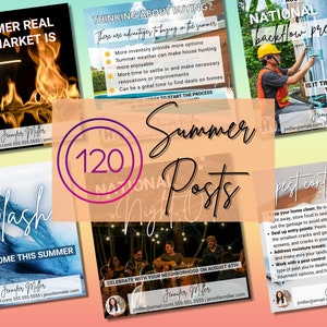 K&ouml;nnte beinhalten: Eine Collage von Bildern, die Immobilien-Dienstleistungen bewerben, mit dem Text "120 Summer Posts" in einem rosa Kreis. Die Bilder zeigen einen hei&szlig;en Sommertag, einen Wasserspritz, ein Nachbarschaftstreffen, eine Hausinspektion und Tipps zur Sch&auml;dlingsbek&auml;mpfung.