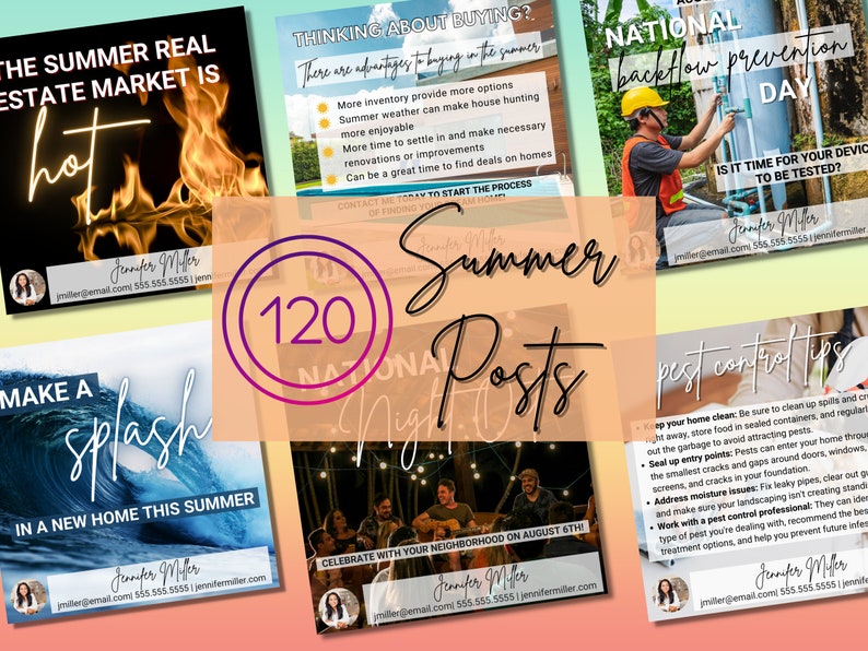 K&ouml;nnte beinhalten: Eine Collage von Bildern, die Immobilien-Dienstleistungen bewerben, mit dem Text "120 Summer Posts" in einem rosa Kreis. Die Bilder zeigen einen hei&szlig;en Sommertag, einen Wasserspritz, ein Nachbarschaftstreffen, eine Hausinspektion und Tipps zur Sch&auml;dlingsbek&auml;mpfung.
