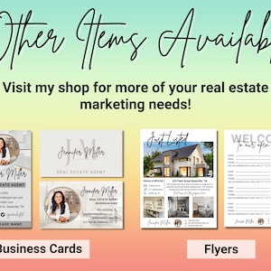 K&ouml;nnte beinhalten: Ein Set an Immobilien-Marketingmaterialien mit Visitenkarten und Flyern. Die Visitenkarten sind wei&szlig; mit einem grauen Rand und zeigen ein Foto einer Frau mit dem Text "Jennifer Miller, Immobilienmaklerin". Die Flyer sind wei&szlig; mit einem schwarzen Rand und zeigen ein Foto eines Hauses mit dem Text "Neu auf dem Markt" und "Willkommen zu unserem Tag der offenen T&uuml;r".
