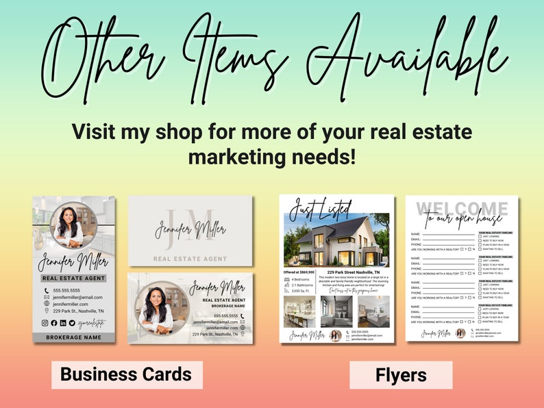 K&ouml;nnte beinhalten: Ein Set an Immobilien-Marketingmaterialien mit Visitenkarten und Flyern. Die Visitenkarten sind wei&szlig; mit einem grauen Rand und zeigen ein Foto einer Frau mit dem Text "Jennifer Miller, Immobilienmaklerin". Die Flyer sind wei&szlig; mit einem schwarzen Rand und zeigen ein Foto eines Hauses mit dem Text "Neu auf dem Markt" und "Willkommen zu unserem Tag der offenen T&uuml;r".