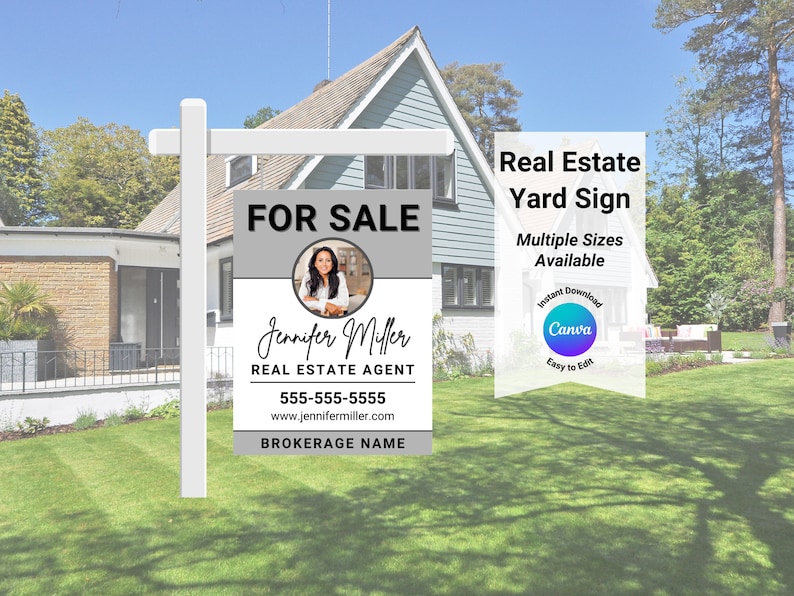 May include: A white real estate yard sign with a grey background and the text "FOR SALE". The sign also includes a photo of a woman, her name, and contact information. The text "Real Estate Yard Sign" is at the top of the sign, and the text "Multiple Sizes Available" is below it.